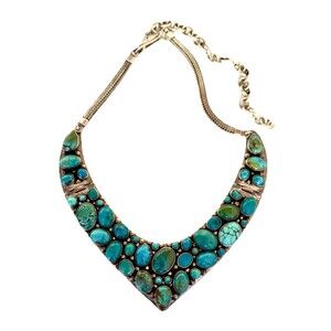 Vintage Sterling Silver Navajo Signed Turquoise Cluster Necklace Hinge 162 grams